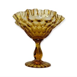 Vintage Fenton Thumbprint Ruffled Honey Amber Compote Glass Dish